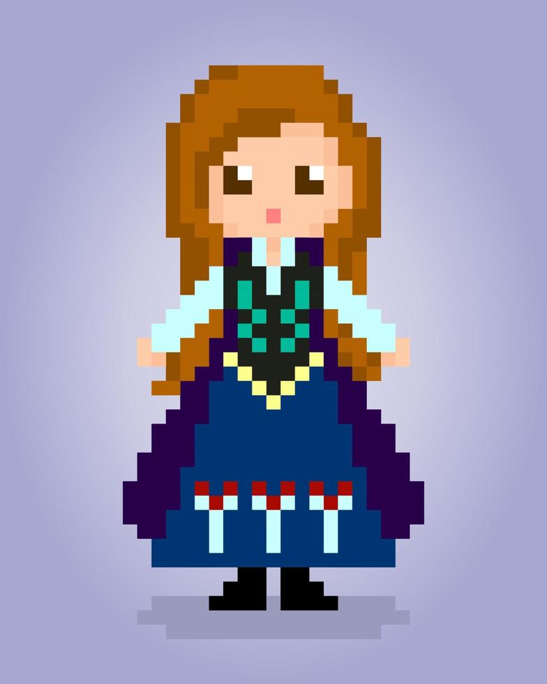 8-bits pixelmeisje met lang haar, prinsespixels voor spelactiva en kruissteekpatronen in vectorillustraties. vector