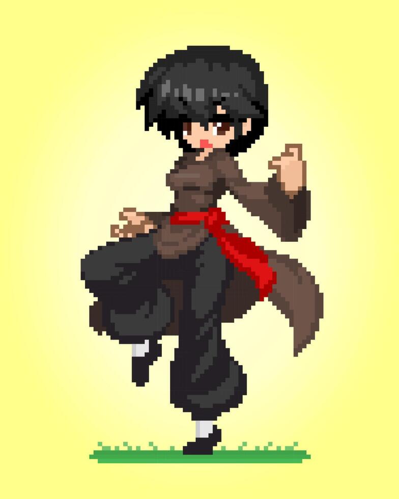 8 bit pixel vrouwenkarakter. anime cartoon kung fu meisje in vectorillustraties voor spelactiva of kruissteekpatronen. vector