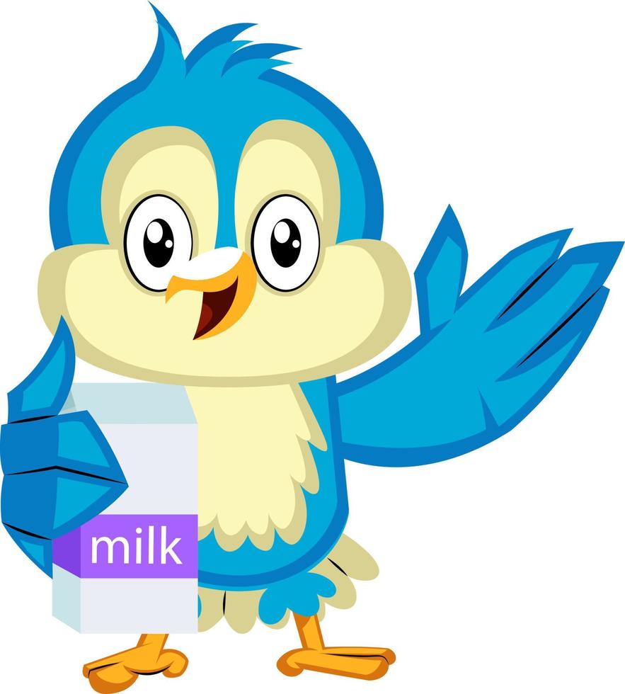 blauw vogel is Holding melk, illustratie, vector Aan wit achtergrond.