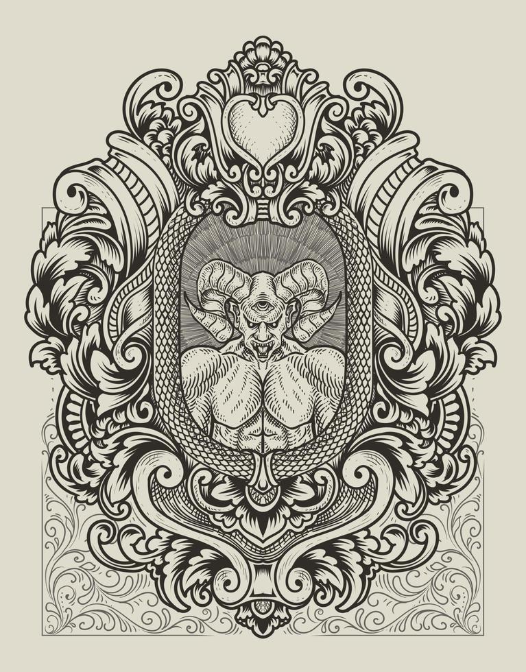 illustratie enge demon met vintage gravure frame vector