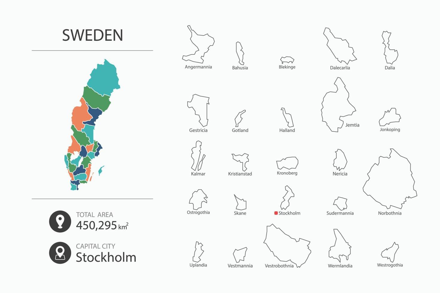 kaart van Zweden met gedetailleerd land kaart. kaart elementen van steden, totaal gebieden en hoofdstad. vector