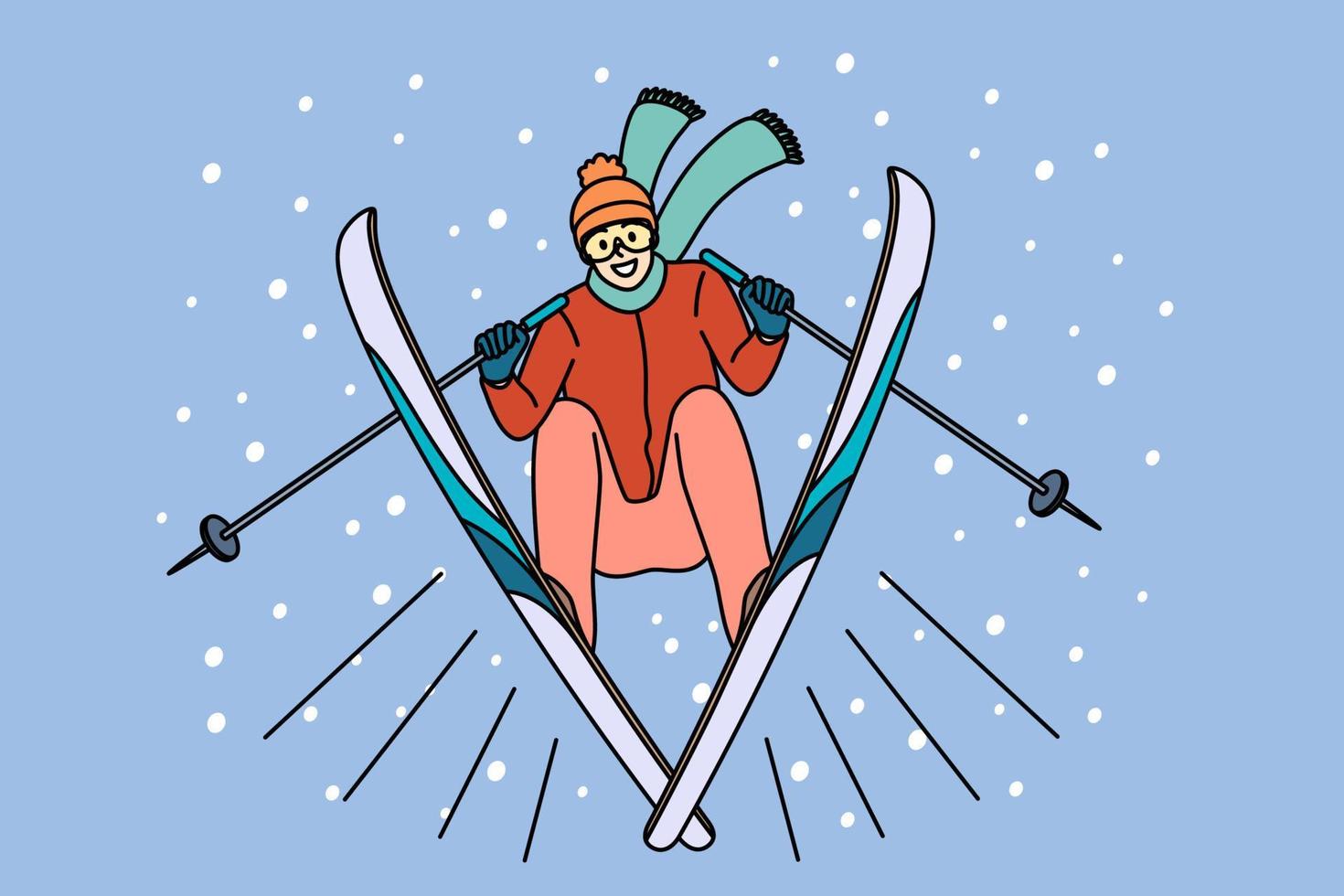 winter activiteiten en sport concept. jong glimlachen Mens atleet skiër in sport- kleren gaan naar rijden hellingen Aan ski in winter hebben pret vector illustratie