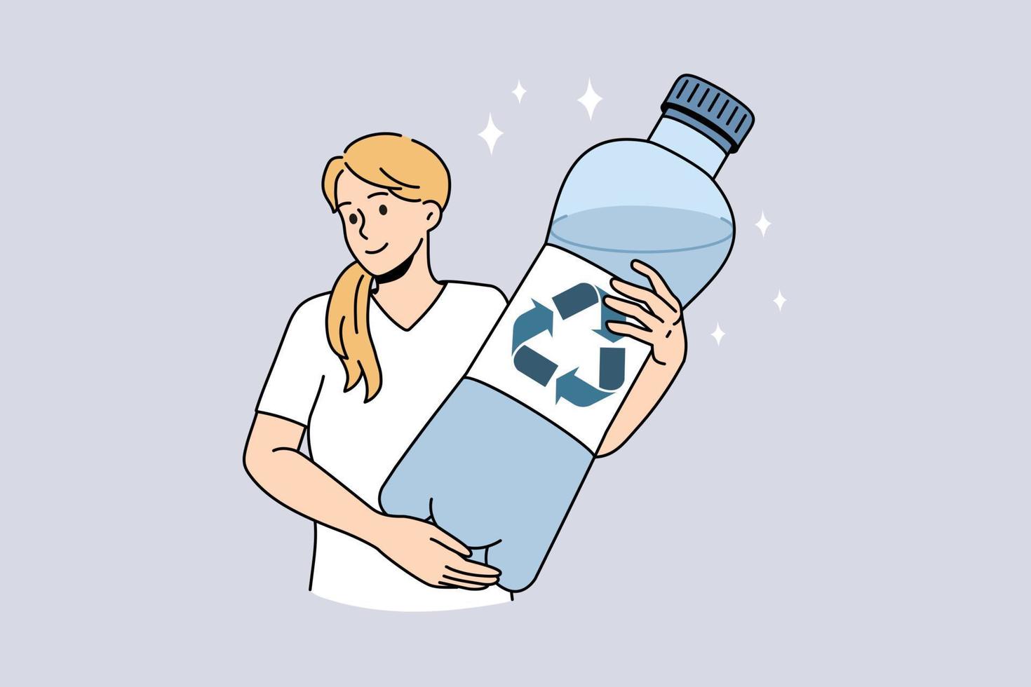 zuiver water en recycling concept. jong positief blond vrouw staand en Holding reusachtig fles van zuiver drinken water met recycling ecologie teken vector illustratie