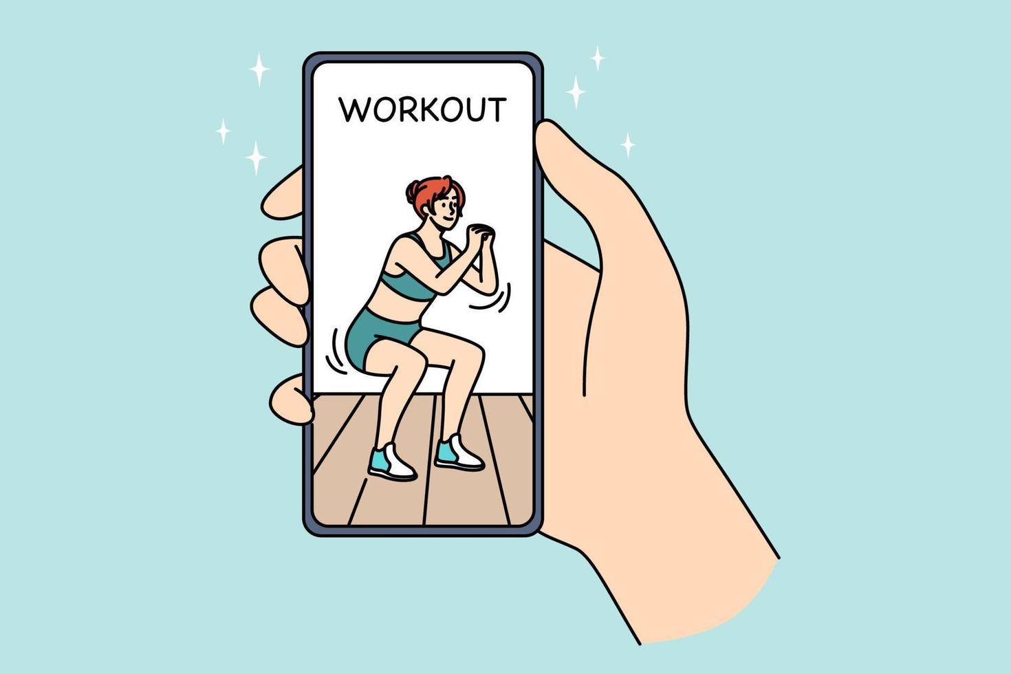 online training en sport concept. menselijk hand- Holding smartphone met sportief meisje aan het doen training opleiding squats online Aan scherm vector illustratie