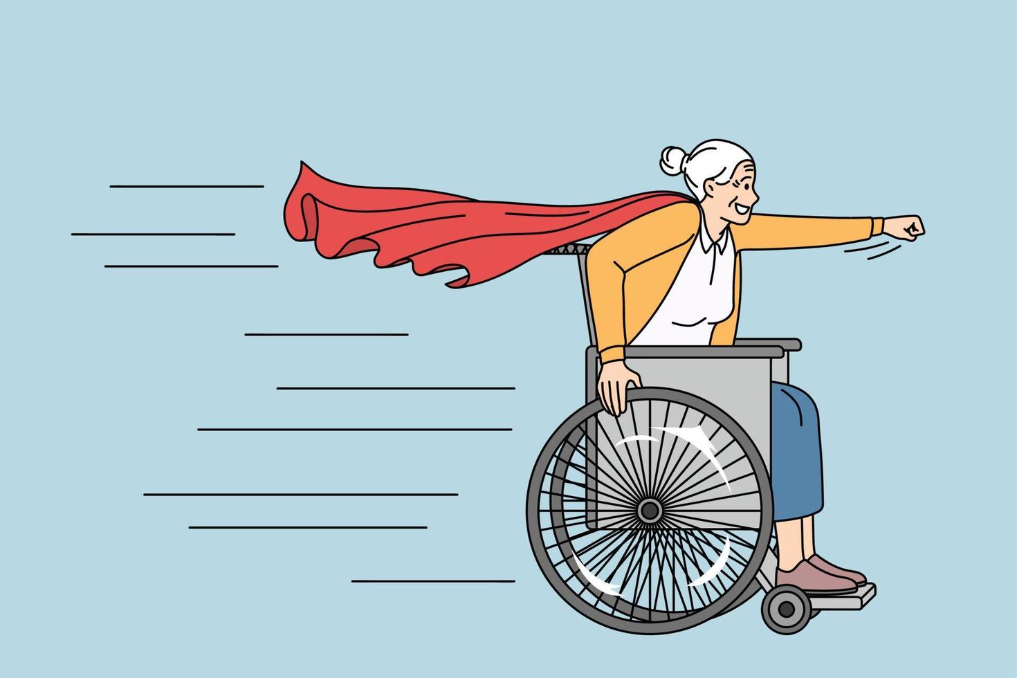actief levensstijl van gehandicapt volwassen persoon concept. glimlachen gelukkig grijs haren rolstoel vrouw in held kaap rijden vooruit gevoel speels vector illustratie