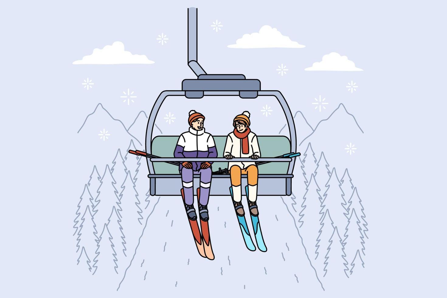 ski optillen en winter activiteiten concept. positief jong mensen skiërs rijden omhoog Aan ski optillen naar glijbaan naar beneden heuvels in bergen buitenshuis genieten van gesprek vector illustratie