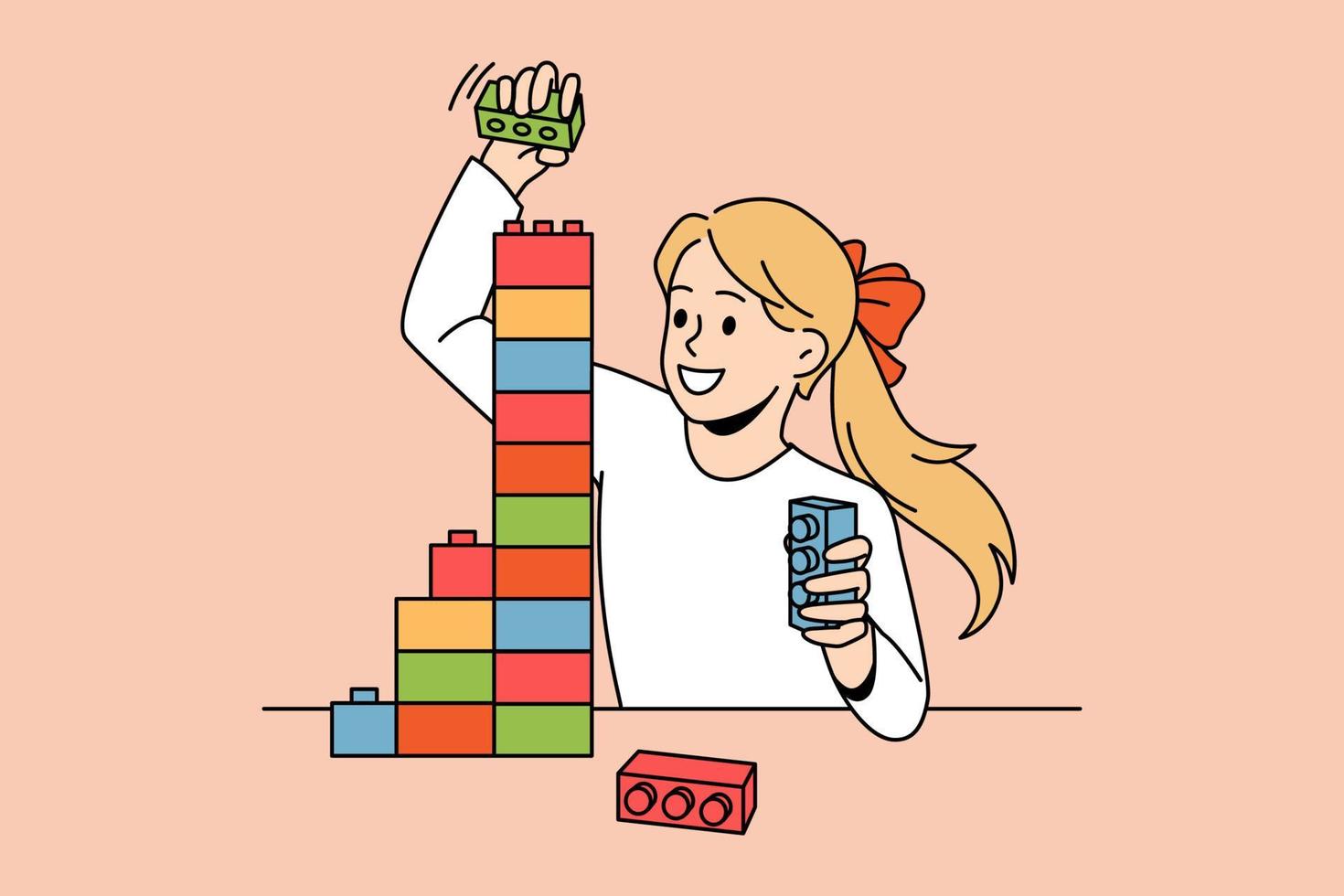kinderen vrije tijd hobby activiteiten concept. glimlachen klein meisje spelen maken piramide van kleurrijk Lego stukken gebouw toren vector illustratie