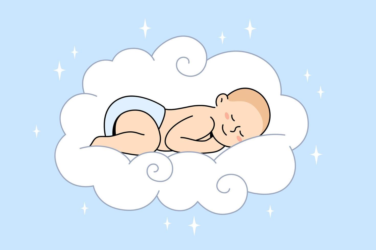 gelukkig kinderjaren en zoet dromen concept. klein baby zuigeling slapen Leuk vinden engel in zoet wit pluizig wolk hebben zoet dromen vector illustratie