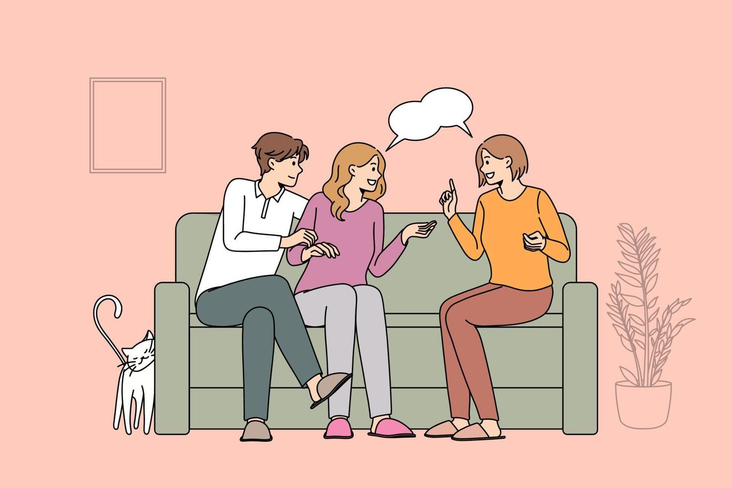 vergadering met vrienden en vrije tijd concept. glimlachen mensen paar en hun meisje vriend zittend Aan sofa samen bespreken dingen Bij huis vector illustratie