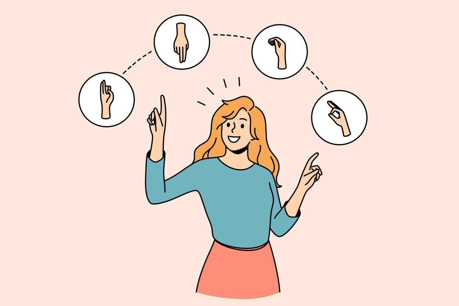 hand- taal en gebaar concept. jong glimlachen vrouw staand kiezen tussen divers vinger tekens bovenstaand richten met vinger vector illustratie