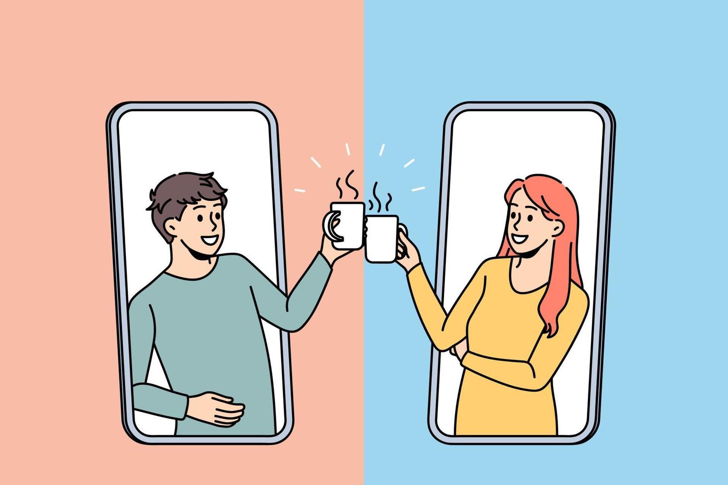 online koffie breken en vergadering concept. glimlachen mensen meisje en jongen klonen mokken met koffie gedurende online vergadering van smartphone schermen vector illustratie