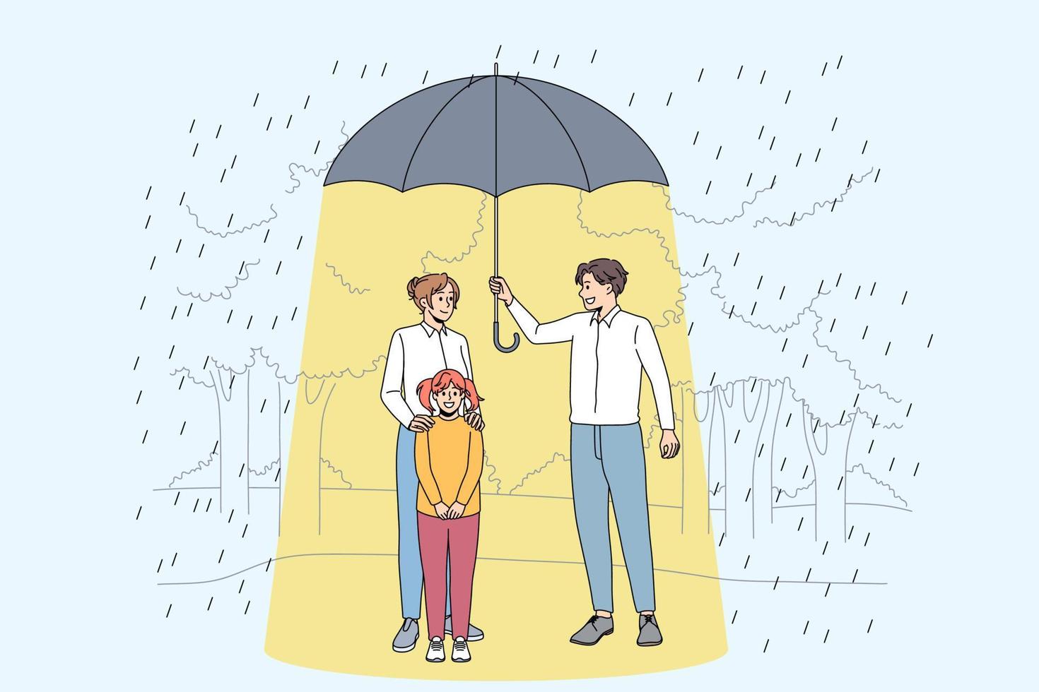 nemen zorg en ondersteuning concept. jong glimlachen Mens staand en Holding reusachtig paraplu onder vrouw moeder en haar weinig dochter Aan regenachtig dag vector illustratie