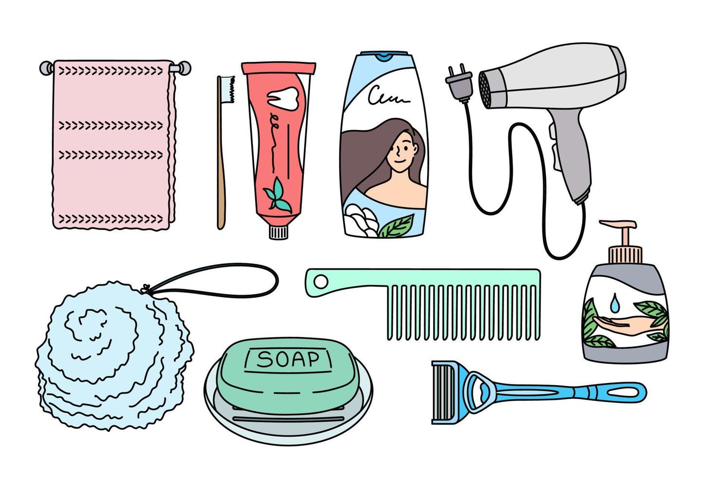 vrouw schoonheid en welzijn concept. groep van voorwerpen voor vrouw huis schoonheid haar- droger handdoek shampoo zeep borstel tandpasta voor elke dag hygiëne vector illustratie