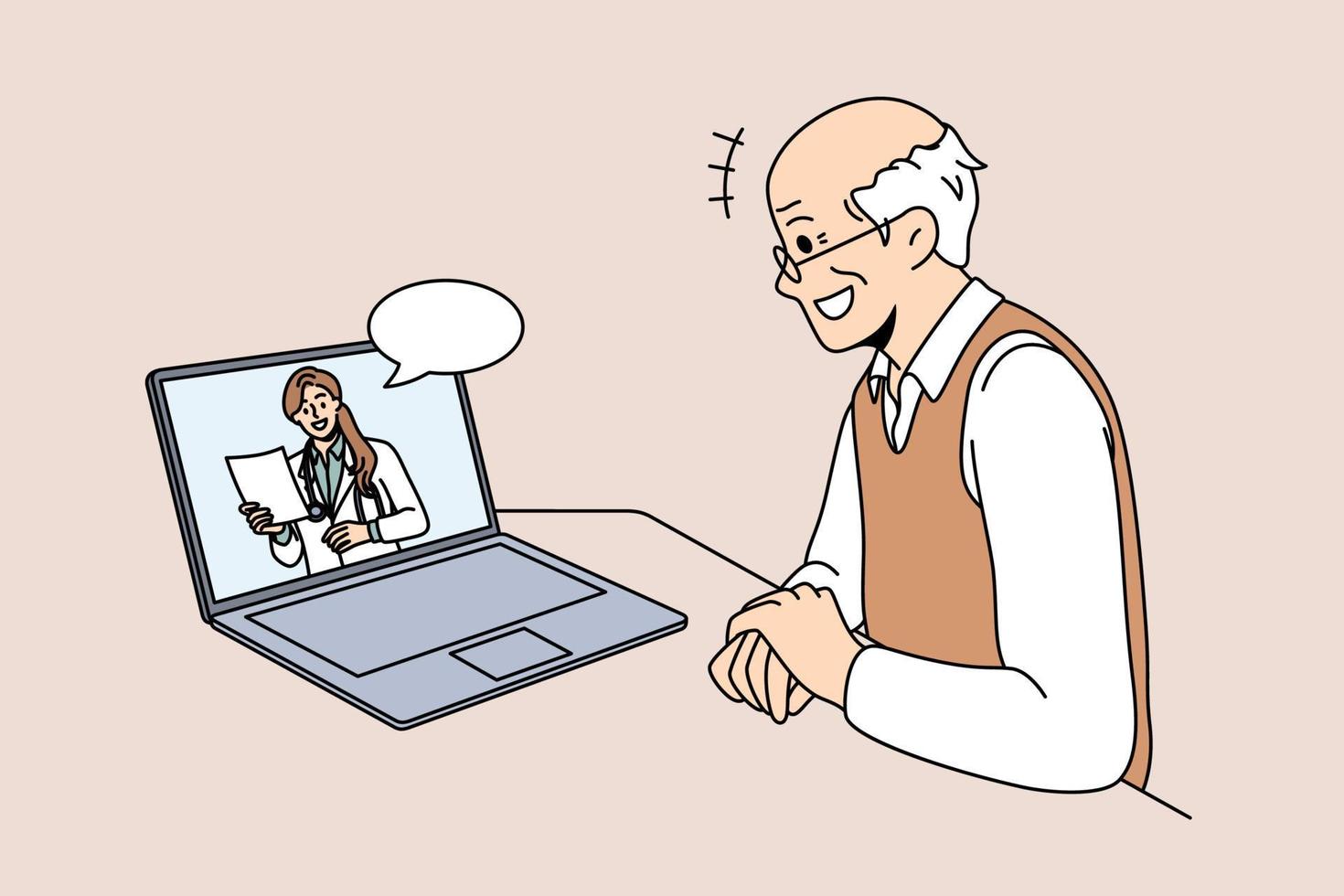 online geneeskunde en telehealth concept. glimlachen oud Mens geduldig zittend Bij laptop en hebben online vergadering met jong vrouw dokter maken aanbevelingen vector illustratie