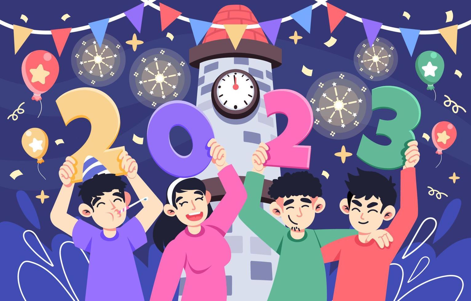 2023 nieuw jaar countdown met vrienden vector