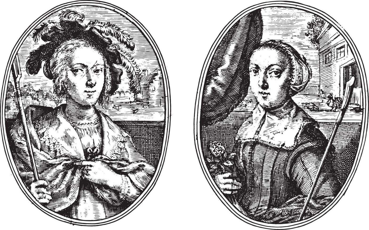 portretten van twee onbekend Dames, beide net zo herderin, wijnoogst illustratie. vector