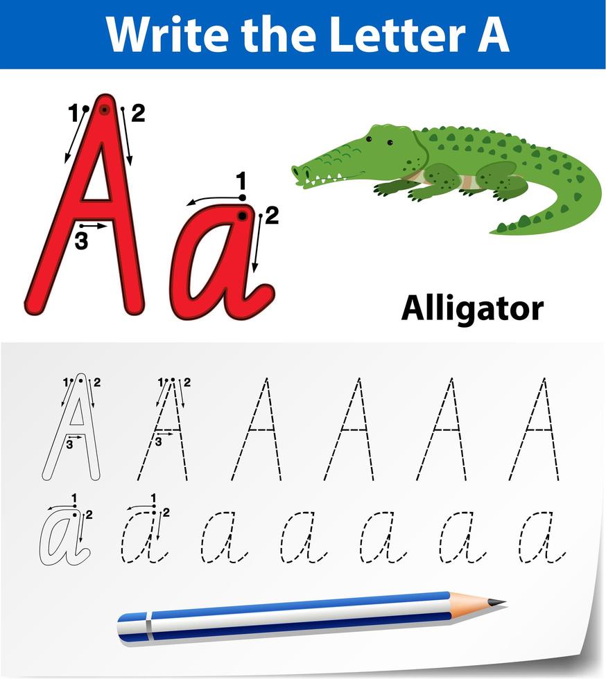 letter een traceringsalfabet-werkblad met alligator vector