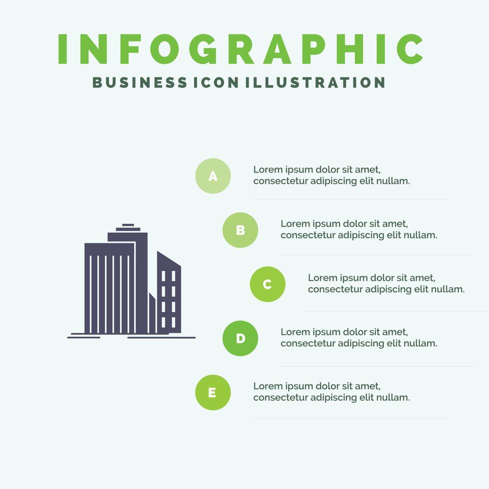 wolkenkrabber architectuur gebouwen bedrijf kantoor echt landgoed solide icoon infographics 5 stappen presenteren vector