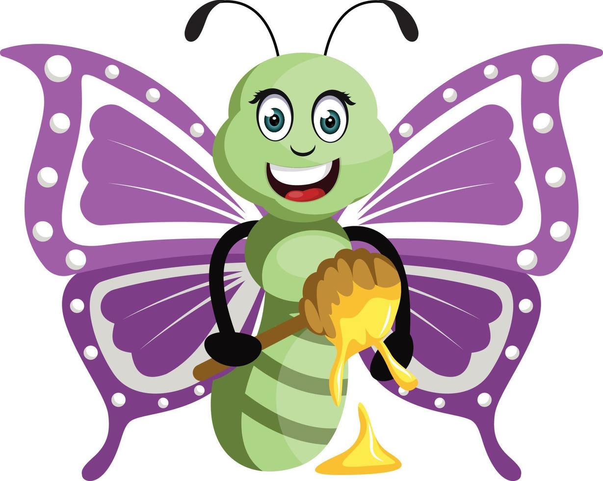 vlinder met honing, illustratie, vector Aan wit achtergrond.