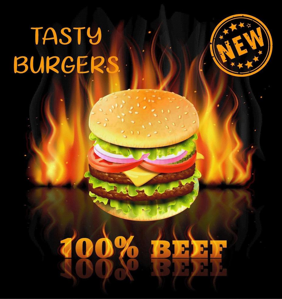 vlammende hamburger met reflectiereclame vector