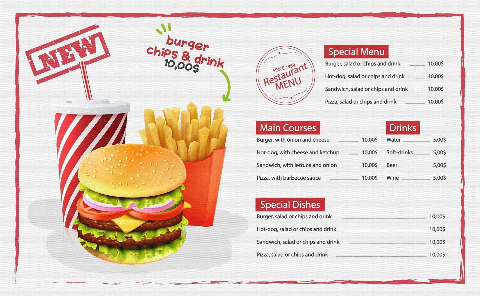 hamburger, frietjes, drankontwerp fastfoodmenu vector