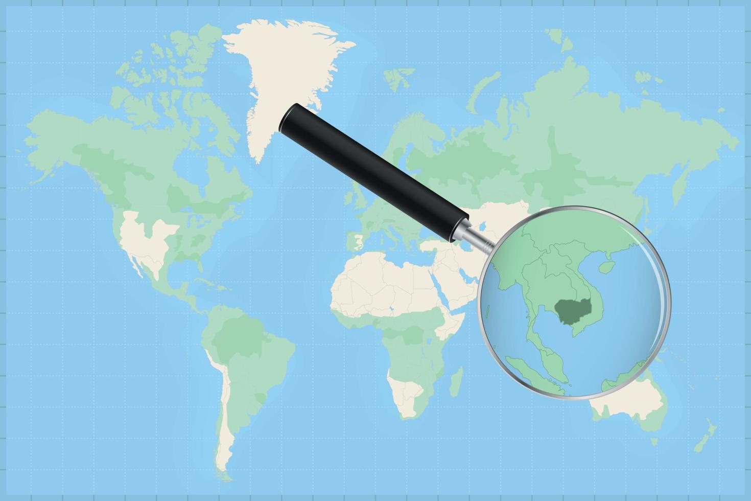 kaart van de wereld met een vergroten glas Aan een kaart van Cambodja. vector