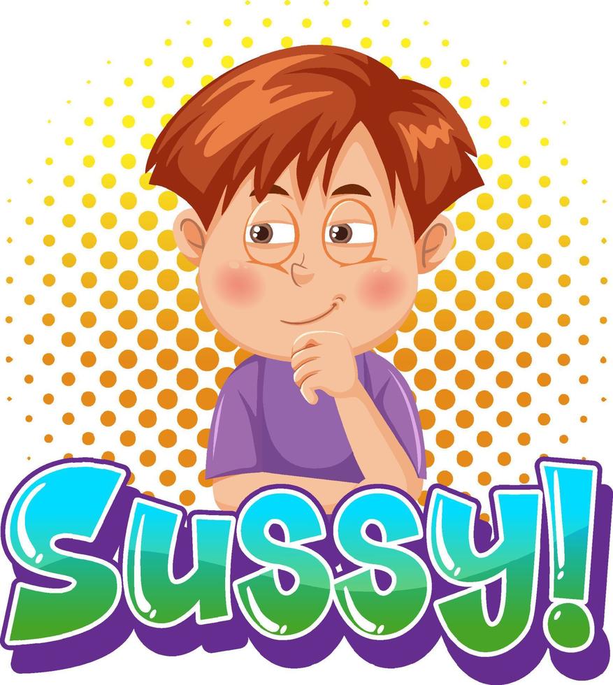 sussy tekst woord banner komische stijl met cartoon karakter expressie vector