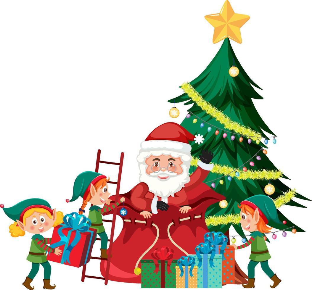 kinderen in elf kostuum en de kerstman claus decoreren Kerstmis boom vector