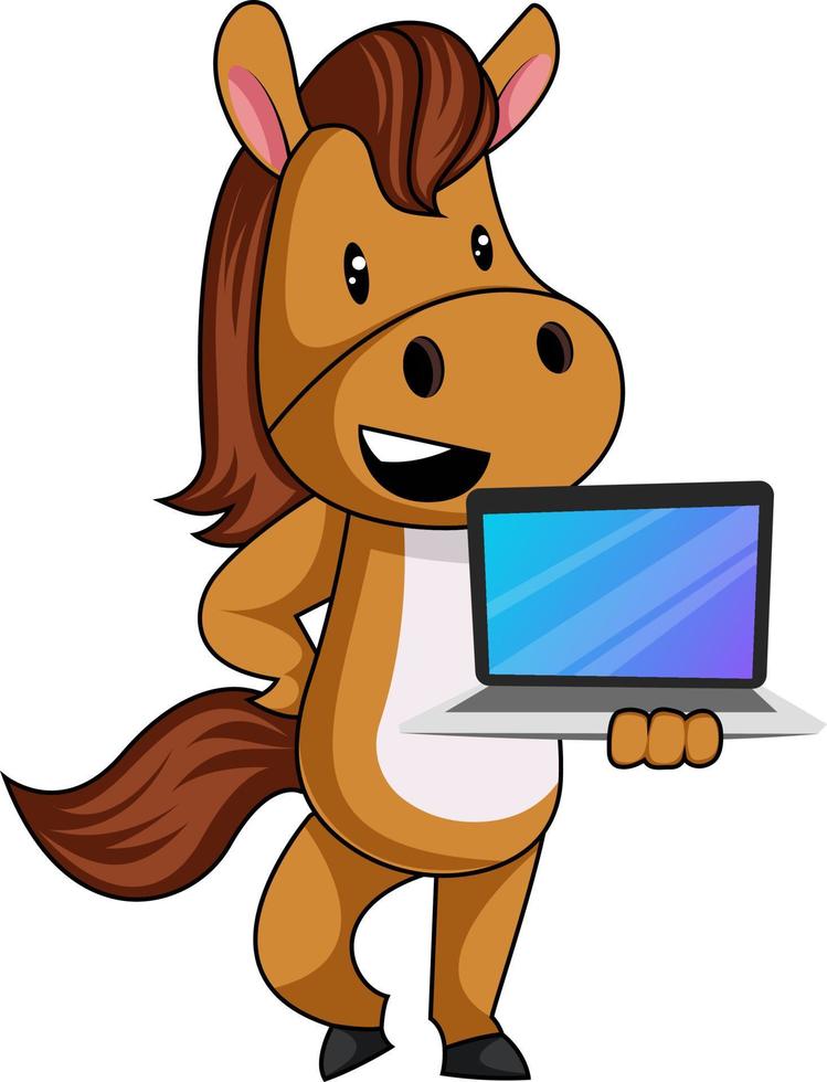 paard met laptop, illustratie, vector Aan wit achtergrond.