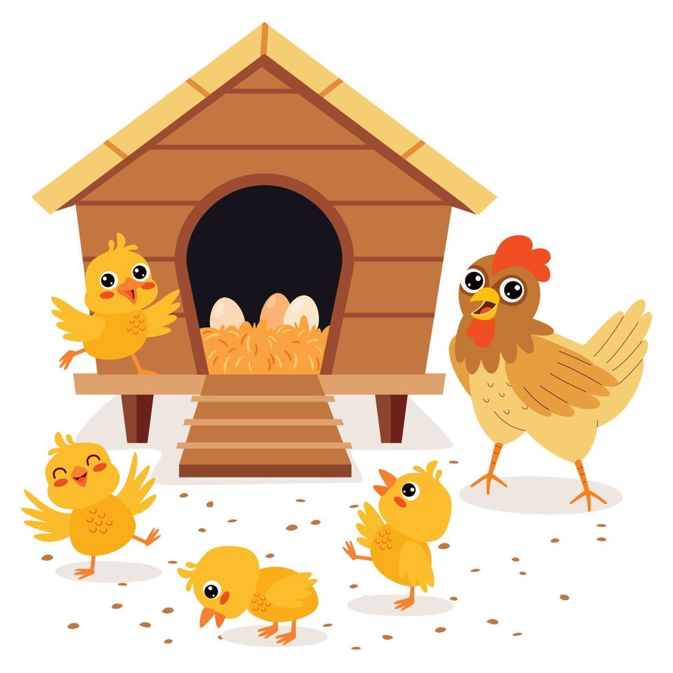 tekenfilm illustratie van kip en kuikens vector
