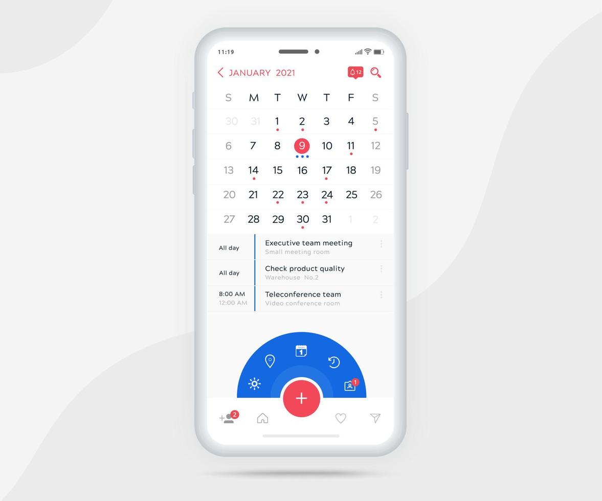 mobiel app kalender ontwerper concept, afspraak kalender sjabloon ui ux, smartphone kalender schema agenda jaar- planning vergadering sollicitatie, kalender evenementen, werkzaamheid, evenement app, vector telefoon