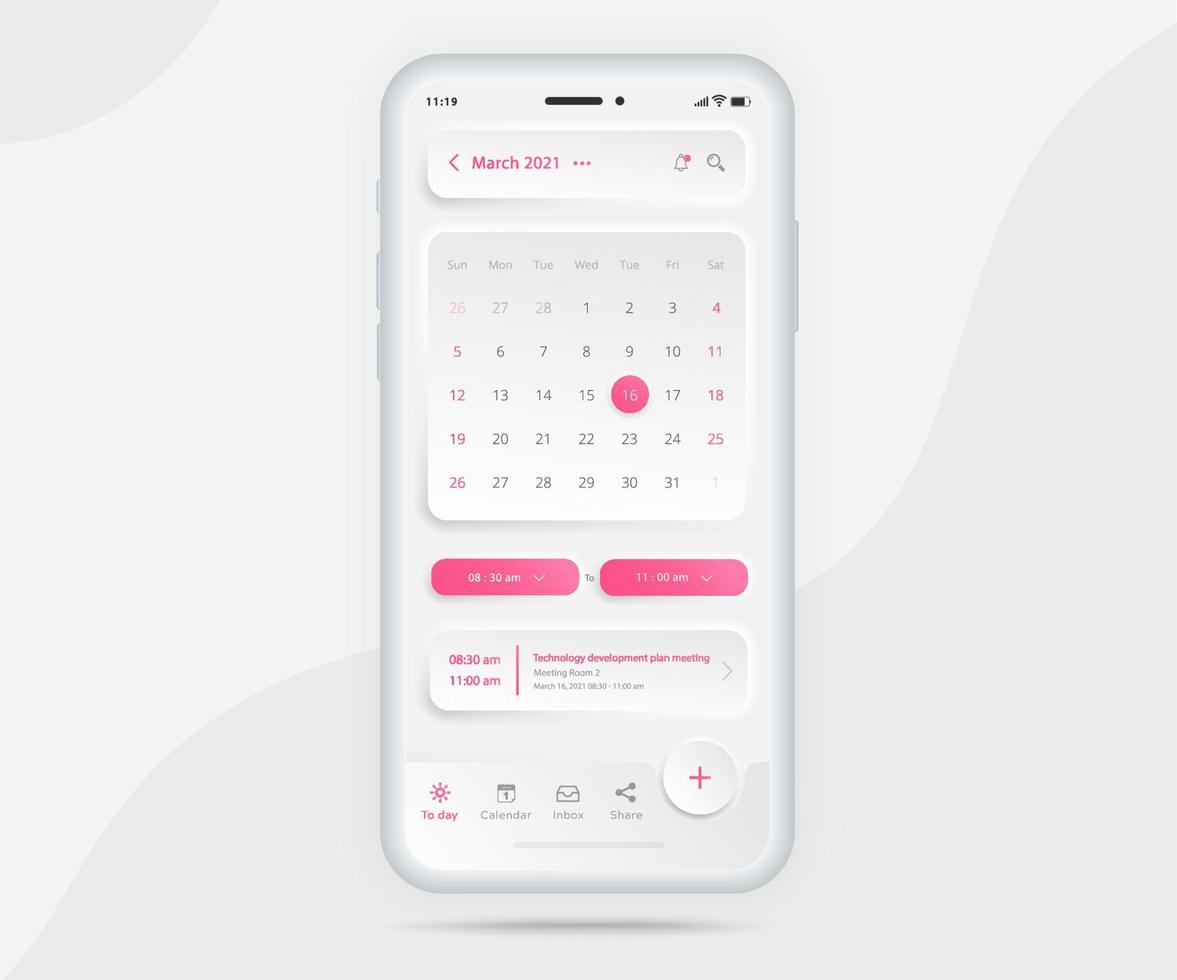 mobiel app kalender ontwerper concept, afspraak kalender sjabloon ui ux, smartphone kalender schema agenda jaar- planning vergadering sollicitatie, kalender evenementen, werkzaamheid, evenement app, vector telefoon