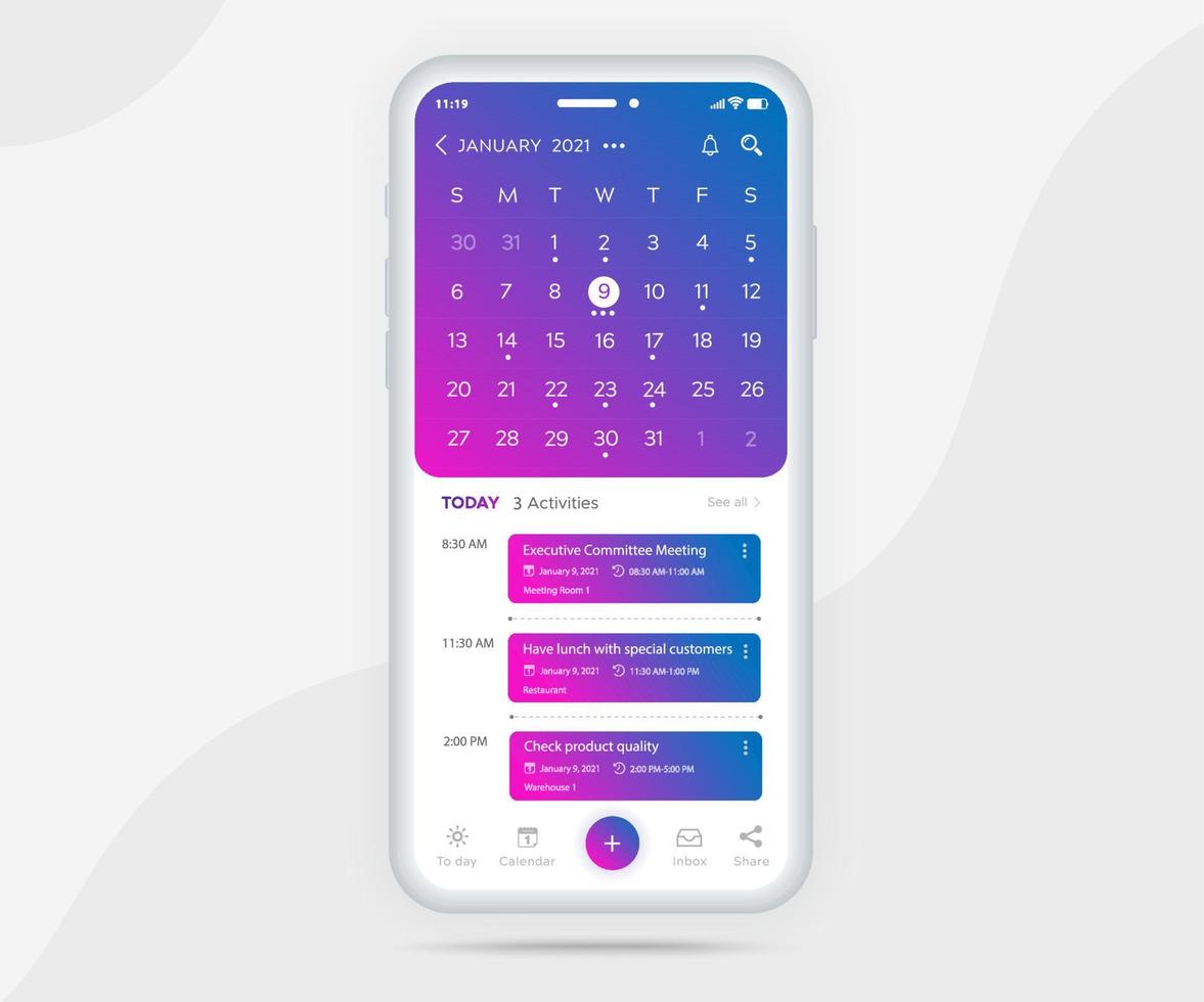 mobiel app kalender ontwerper concept, afspraak kalender sjabloon ui ux, smartphone kalender schema agenda jaar- planning vergadering sollicitatie, kalender evenementen, werkzaamheid, evenement app, vector telefoon