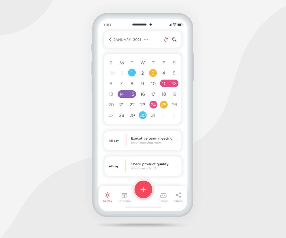 mobiel app kalender ontwerper concept, afspraak kalender sjabloon ui ux, smartphone kalender schema agenda jaar- planning vergadering sollicitatie, kalender evenementen, werkzaamheid, evenement app, vector telefoon