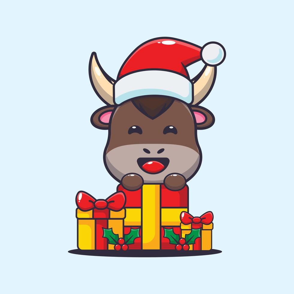 schattig stier met Kerstmis geschenk. schattig Kerstmis tekenfilm illustratie. vector