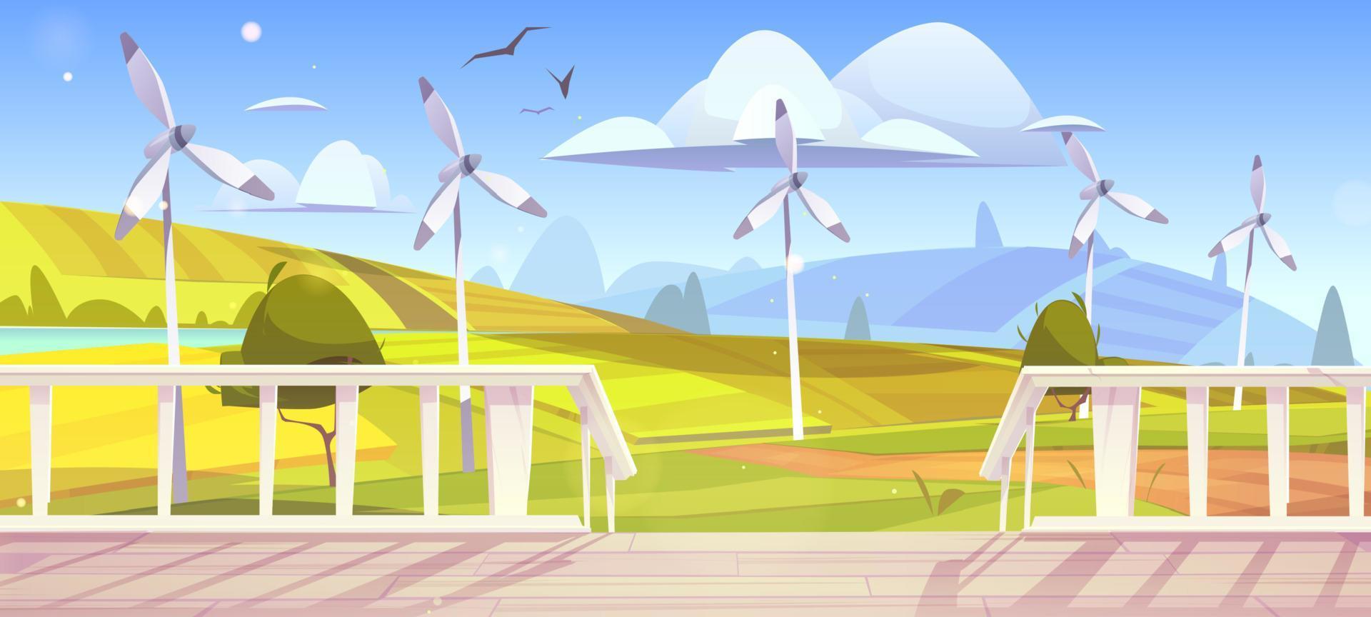 landelijk landschap met wind turbines en veranda vector