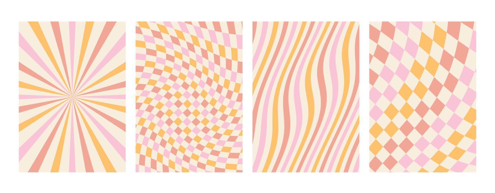 groovy regenboog pastel achtergronden. schaakbord, rooster, golven, wervelen, draaikolk patroon.. gedraaid en vervormd vector structuur in een modieus retro psychedelisch stijl. de esthetiek van de hippies van de jaren 70.