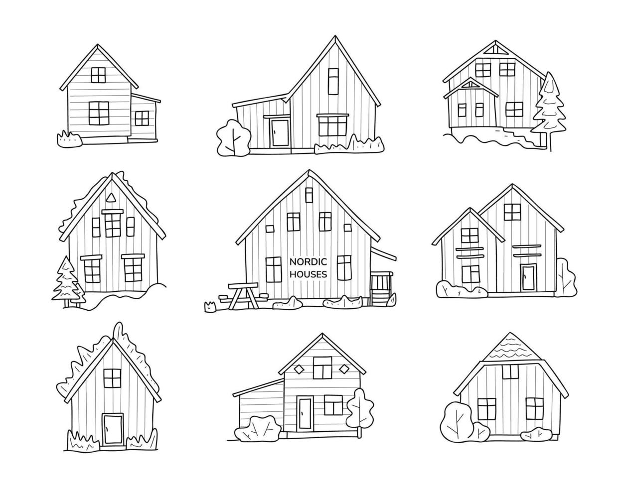 Scandinavisch schattig huizen tekening set. nordic huis gevels. hand- getrokken schetsen van typisch Noorwegen gebouwen. typisch noordelijk gevels gemaakt van belegd broodje panelen. vector illustratie voor kaart stadsgezicht