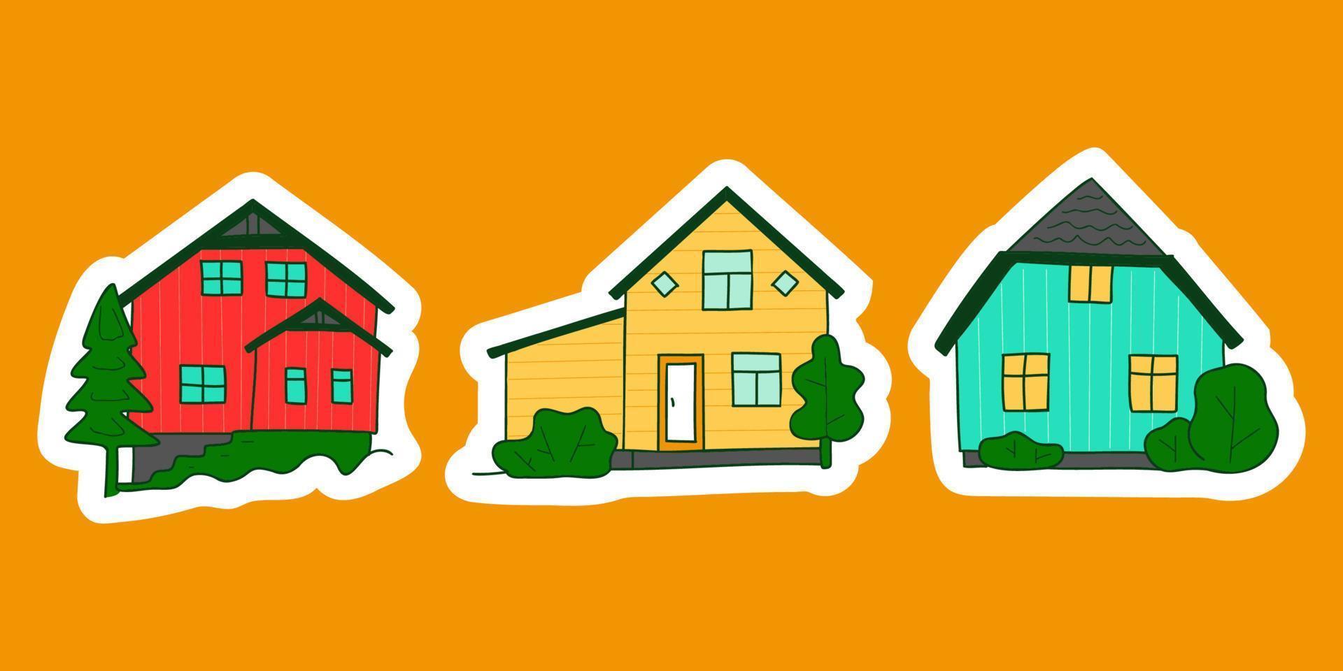 Scandinavisch schattig rustiek huizen stickers set. helder rood blauw geel nordic huis gevels. typisch Noorwegen landelijk gebouwen. noordelijk gevels gemaakt van belegd broodje panelen. vector illustratie voor kaart