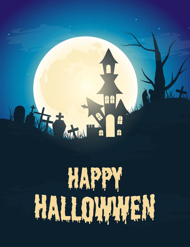 halloween achtergrond met vol maan. kasteel, geesten en begraafplaats. vector illustratie.