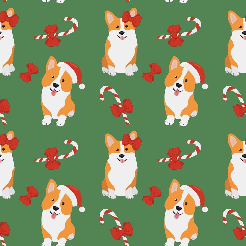 naadloos patten met corgi's in de kerstman claus hoed en karamels. achtergrond voor omhulsel papier, groet kaarten en seizoensgebonden ontwerpen. vrolijk Kerstmis en gelukkig nieuw jaar. vector