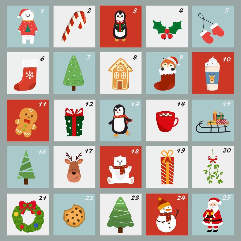 Kerstmis komst kalender met schattig elementen. Kerstmis grappig poster. countdown kalender. vector illustratie