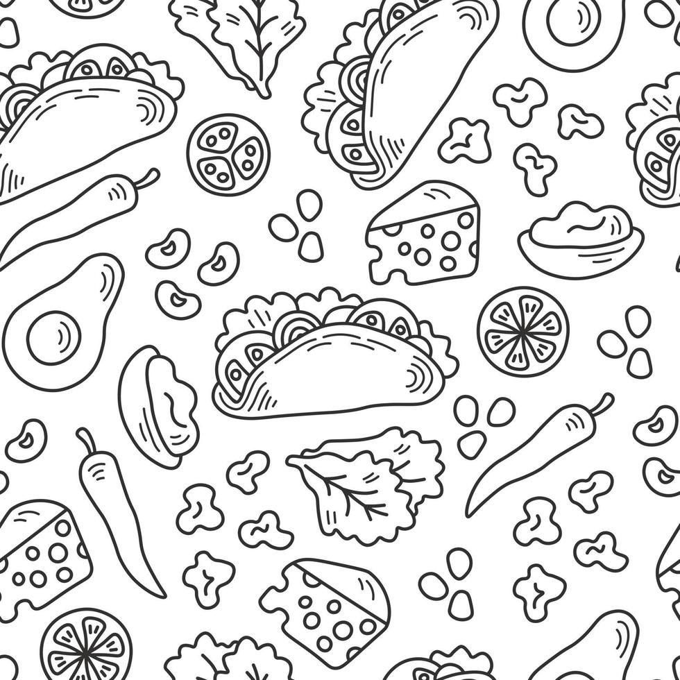 tekening taco met ingrediënten voedsel naadloos patroon vector