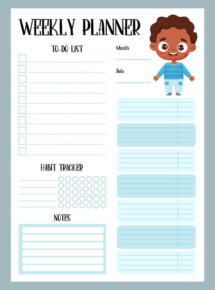 wekelijks jongen planner. organisator, Te doen lijst, aantekeningen en gewoonte tracker met schattig tekenfilm zwart etnisch jongen. vector verticaal sjabloon voor afdrukken, ontwerp, kinderen verzameling, schrijfbehoeften met tekenfilm karakter.