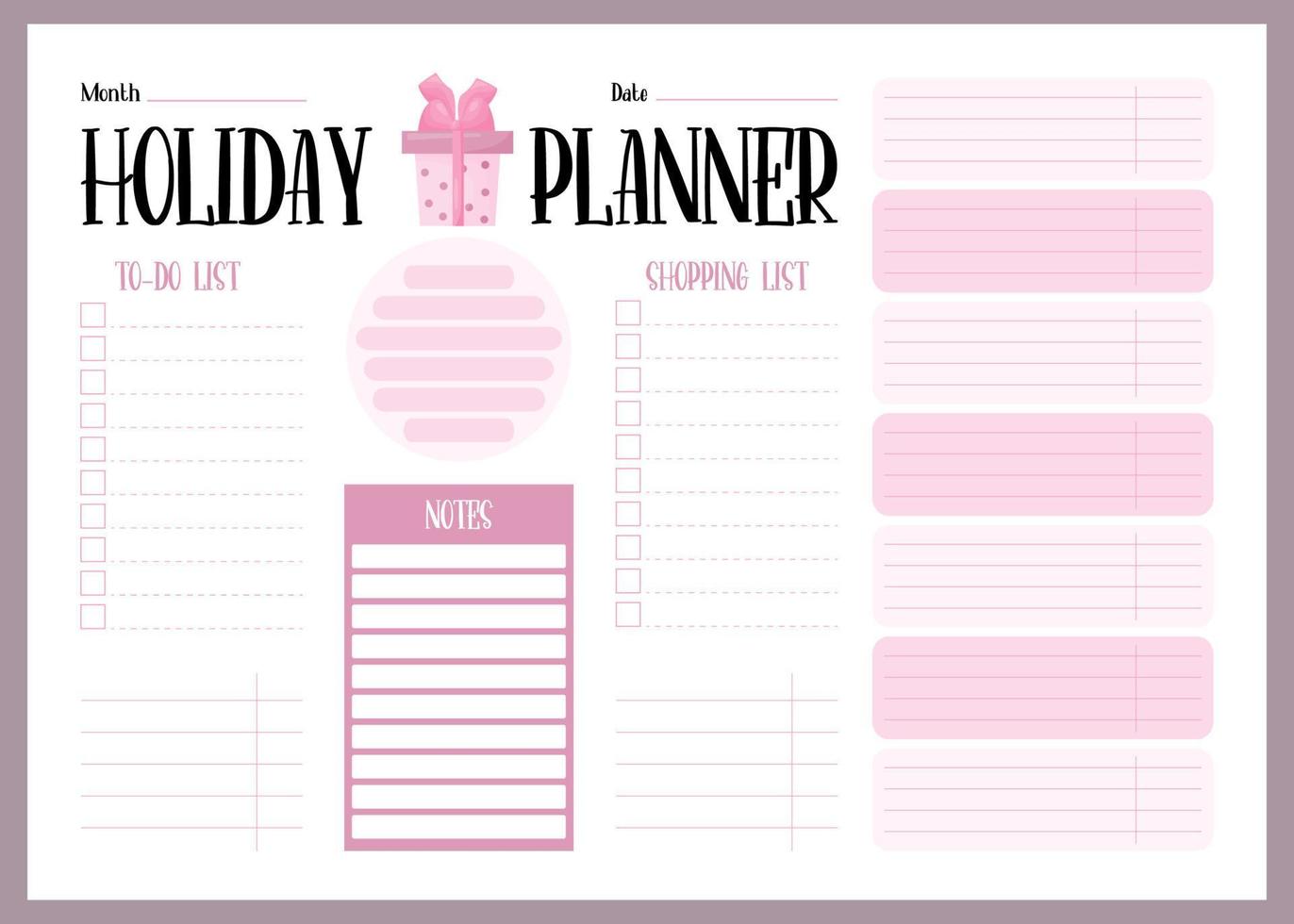 vakantie planner. organisator, wekelijks lijst, Te doen, boodschappen doen lijst en notities. vector illustratie. horizontaal sjabloon ontwerper voor nieuw jaren en kerstmis, feestelijk ontwerp, afdrukken, decor, briefpapier.