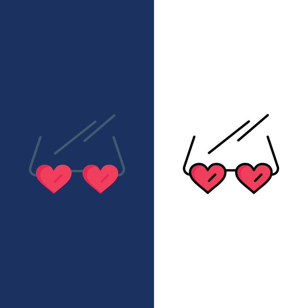 bril liefde hart bruiloft pictogrammen vlak en lijn gevulde icoon reeks vector blauw achtergrond