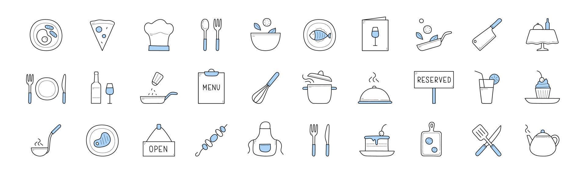 reeks voedsel Koken en chef restaurant tekening pictogrammen vector