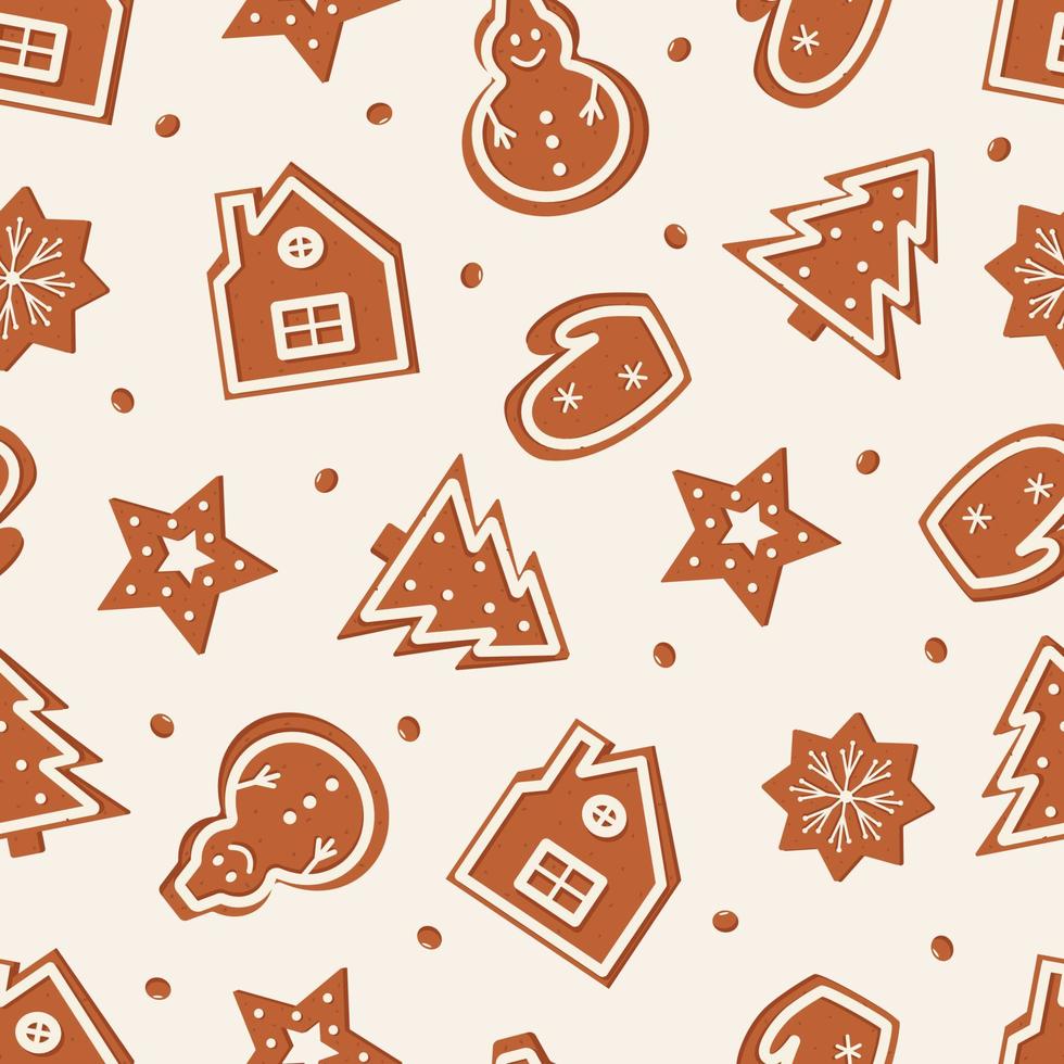 Kerstmis naadloos patroon van gekruld ontbijtkoek. achtergrond van heerlijk chocola koekjes van divers vormen vector