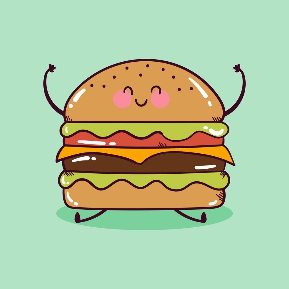 gelukkig schattig glimlachen grappig kawaii Hamburger. Hamburger mascotte karakter. vector