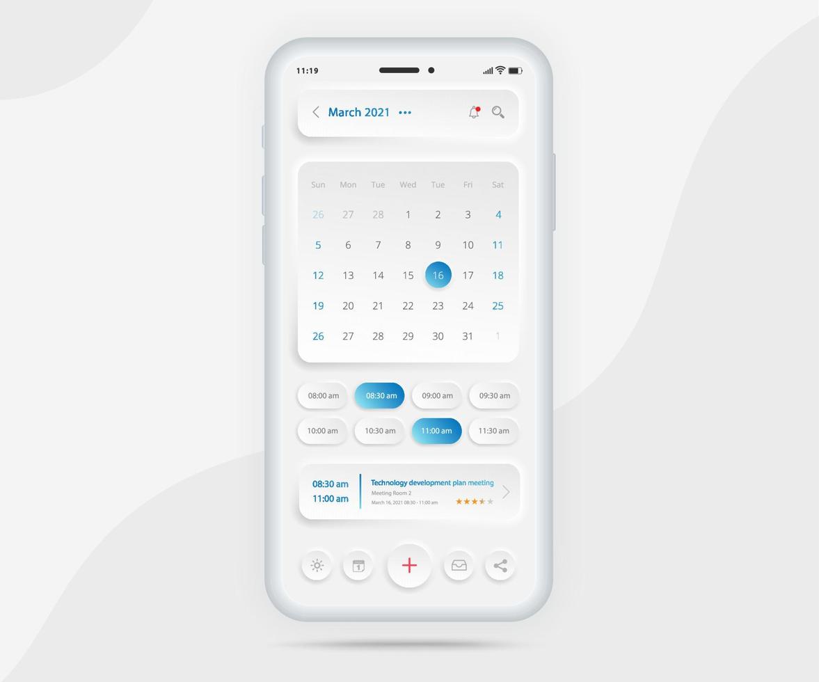 mobiel app kalender ontwerper concept, afspraak kalender sjabloon ui ux, smartphone kalender schema agenda jaar- planning vergadering sollicitatie, kalender evenementen, werkzaamheid, evenement app, vector telefoon